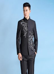 Chinese tunic suit mens stand collar men039s flower clothing slim chinese style mens wedding groom wear costume homme black whi9885681