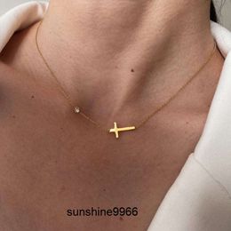 Delicate Petite Sideway Cross Necklaces Pendant Women Stainless Steel Thin Chain Link Christian Jewelry