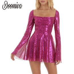 Casual Dresses Women's Sparkly Sequins Skinny Dress Long Sleeve Square Neck Mini Crisscross Backless Wedding Guest Party Cocktail