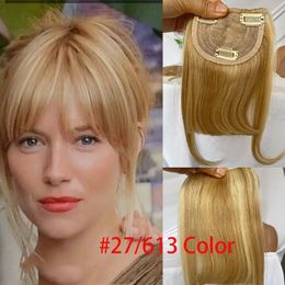 27P613 Blonde Mixed Brown Color Brazilian Human Hair Clip-in Hair Bangs Full Fringe Short Straight Hair Extension for women 6-8 240518