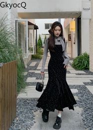 Work Dresses GkyocQ Korean Fashion Two Piece Sets Bow Hollow Out Long Sleeve T-shirt Black Velvet Printed Floral Halter Fishtail