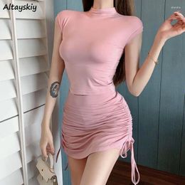 Work Dresses Sets Women Girlish Sexy Half High Collar T-shirts Bandage Skirts Shirring Slim Sweet Mature Charming Korean Style Solid Chic