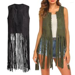 Women's Vests Women Long Tassels Suede Vest Solid Colour Vintage Fringed Open Front Hollow Hole Waistcoat Chic