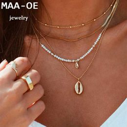 Pendant Necklaces Gold Plate Artificial Pearl Snake Chain Shell Pendant Necklace Womens Necklace New Multi layered Womens Bohemian Vintage Jewelry Gift J240516