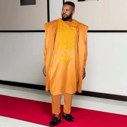 Ethnic Clothing H&D African Clothes For Men Traditional Formal Attire Bazin Dashiki Agbada Outfits Shirt Pants Robe Orange Suit Wedding