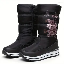 Boots Flower Pattern Fur Lined Thermal Waterproof Snow Winter Warm Plush Soft Thick Sole Wear Resistance