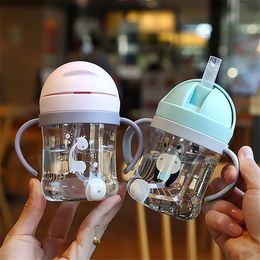 250ML Cartoon Pattern Outdoor Child Drinking Bottle with Straw Baby Feeding Cup for Kids Training Portable Handle Water 240516