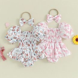 Clothing Sets Baby Girl Easter Outfit Short Sleeve Off-shoulder Print A-line Romper Dress With Bow Headband 2 Pieces Clothes Set