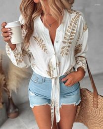 Women's Blouses Vacation 2024 Spring Summer Last Leaf Embroidery Stand Collar Top Long Sleeve Tied Detail T-Shirt