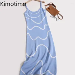 Casual Dresses Kimotimo Wave Striped Knitting Dress Women French Vintage Spaghetti Strap Slim Thin Long Fashion Sleeveless Robe