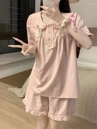 Home Clothing Solid Simple Sweet Princess Short Sleeve Summer Pink Pyjama Set Women Loose Cotton Elegant Casual Real Images Sleepwear Ins