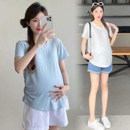 Maternity Tops Tees Pregnant Womens T-shirt Summer Comfortable T-shirt Y2K Short sleeved Solid Colour Pregnant Womens Fashion V-neck Top 2XL H240518