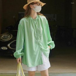 Women's Blouses Johnature Korean Version Retro Lazy Balloon Sleeve Stand Collar Shirts Summer Loose Cool Sun Protection Tops Women 2024