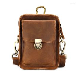 Waist Bags Men's Pocket Cowhide Leather Bag Small Purse 4-6 Inch Mobile Phone Crazy Horse Retro Men Male Shoulder