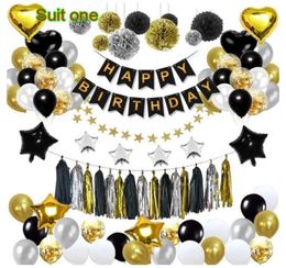 Black gold balloon pull flag birthday layout fish tail flag tassel paper flower ball fivepointed star balloon package decorat9188906