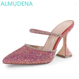 Slippers Summer Women Glass Heels Sequined Cloth Rhinestones Pointed Toe Shoes Super High Outside Leisure Modern