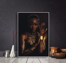 Black and Gold Nude African Woman with Necklace Canvas Painting Posters and Print Scandinavian Wall Art Picture for Living Room1098287