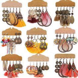 Earrings 3Pairs/set Big Vintage Fringed Tassel Drop Earrings Set Women Ethnic Boho Feather Long Flower Earrings Jewelry 230831