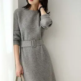 Casual Dresses Loose Knitted Sweater Dress For Autumn/Winter Women's With Belt 2024 O-neck Long Sleeves Bottoming Split