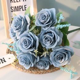 Decorative Flowers Silk Simulation Roses Bouquet Blue Green Plants Bedroom Cafe Bar Decoration Artificial Rose Bouquets Fake Pink Flower