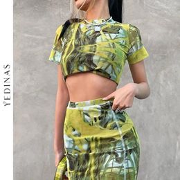 Work Dresses Yedinas Summer Tie Dye Sexy Two Piese Set Women See Through Slim Dress Sets Short Sleeve T-shirt Mini Skirt Club Outfits Mesh