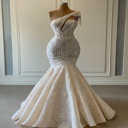 2021 Plus Size Arabic Aso Ebi Luxurious Lace Beaded Wedding Dresses One Shoulder Mermaid Bridal Dresses Vintage Wedding Gowns 280S
