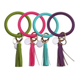 Charm Bracelets 4Pcs Leather Wrist Keychain Round Key Ring Large Assel Chain Pu Wristlet Holder Bangle For Women Girls Drop Delivery Dhfnd