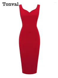 Casual Dresses Tonval Sweetheart Neck Sleeveless Office Midi Pencil For Women 2024 Vintage Red Solid Elegant Slim Bodycon Dress