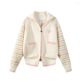 Women's Jackets Striped Stitching V-Shaped Large Lapel Zipper Knitted Cardigan Love Embroidered Coat For Women