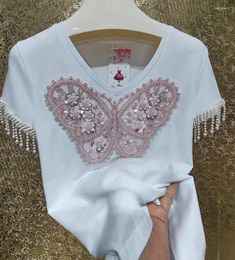 Women's T Shirts Handmade Beaded Pearl Tassel Short Sleeve White T-shirt Women 2024 Summer Chinese Sequined Butterfly Embroidery Cotton Top