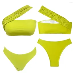 Women's Swimwear Summer Bikini Set Two-piece Swimsuit Stylish Braided Rope Strap With High Waist Swim One Shoulder Bandeau For Women