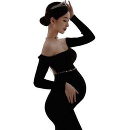 Maternity Dresses Womens Off Shoulder Maternity Dress Slim Long Sleeve Photography Gowns for Photoshoot Wedding Cocktail Party Dress H240518