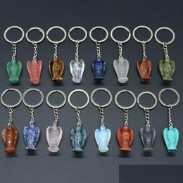 Key Rings Healing Reiki Chakra Carved Angel Natural Stone Pendant Keychain Crystal Chakras Quartz Chains Jewelry Accessories Drop Deli Otd1N