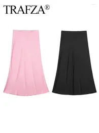 Skirts TRAFZA 2024 Woman Vintage Casual Chic Draped Fold Slim Party Skirt Women Solid Colour High Waist Long Streetwear