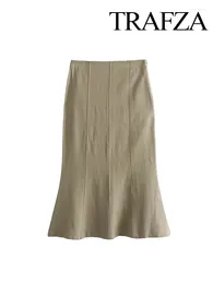 Skirts TRAFZA Summer Women Fashion Long Solid High Waist Zipper Ankle-Length Female Street Style Trumpet