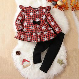 Clothing Sets Toddler Girls Long Sleeve Christmas Bowknot Plaid Snowflake Prints Tops Pants Two Baby Girl Things Winter Blanket