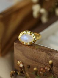 Cluster Rings Pure 925 Silver Women's Ring Inlaid With Egg-shape Moon Stone And Zircon Golden Color Exaggerate Style For Personality Need