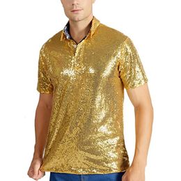 Shiny Gold Sequin Polo T shirt for Men Solid Summer Short Sleeve Disco Fashion Cosplay Christmas Party Nightclub Stage Costume 240517