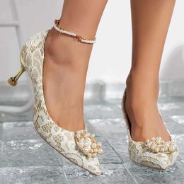 Dress Shoes White Lace High Heels Wedding Women Pointed Toe Flower Embroidery Pumps Woman Pearls Shallow Mouth Stiletto Heeled H240517