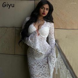Casual Dresses Giyu Sexy Lace Crochet Maxi Long Dress Women 2024 Autumn V Neck Flare Sleeeve See Through Bodycon Hollow Out Robe