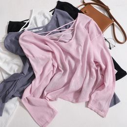 Women's T Shirts Long Sleeve T-shirt Short Pullover Cross Strap Halter Top Spring And Summer Knitted Loose Thin