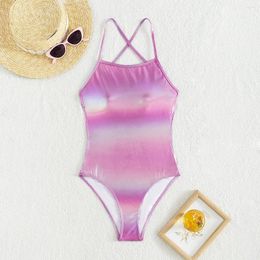Women's Swimwear Pink Gradient Shiny Swimsuit For Women 2024 Slim One Piece Bikini Suspender Cross Backless Monokini Bathing Suit