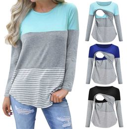 Maternity Tops Tees Women Maternity T-shirt Clothes Summer Fall Long Sleeve Stripe Nursing Top Breastfeeding Shirts Pregnancy Clothes New Y240518