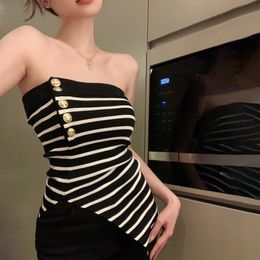 Womens tube top splicing ultra-thin sexy knitted sleeveless vest with top stripes in spring and summer full-color contrasting stripes for casual wear 240518