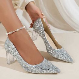 Dress Shoes Fashion Shiny Crystal Silver Pumps Women 2024 New Clear Thick Heels Wedding Party Woman Plus Size Sequin Pointed Toe H240517