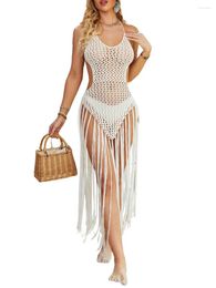 Crochet Cover Up Fringe Dress For Women Sexy Halter Tie-up Hollow Out Bikini Knit Tassel Swimsuit Summer Outfits