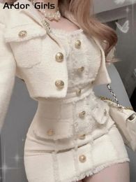 우아한 2 피스 여성 긴 슬리브 크롭 재킷 슬림 엉덩이 포장 헴 미니 드레스 세트 봄 2024 프랑스 여자 세트 240515