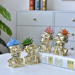 Planters Pots Creative Golden Skull Flower Pot Succulent Pot Ceramic Planter Home Decor Desktop Ornaments Bonsai Plant Pot Garden Decoration J240515