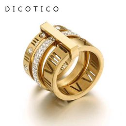 Band Rings Fashionable stainless steel ring womens three-layer Roman digital zircon brides wedding ring fashionable Jewellery gift J240516