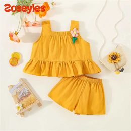 Clothing Sets Summer baby girl set solid Colour pleated pendant top and shorts two-piece set J240518